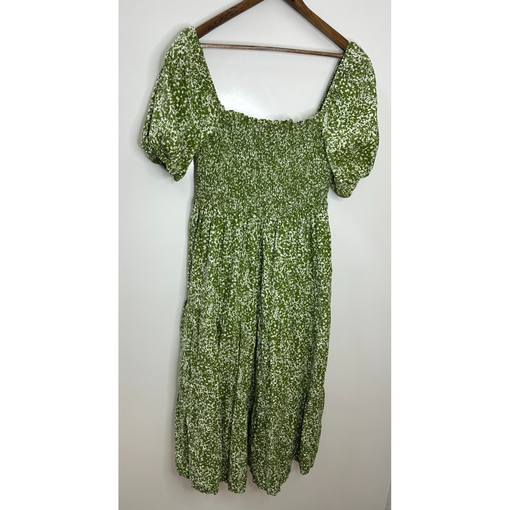 Abercrombie & Fitch Green Floral Linen Blend Smocked Puff Sleeve Midi Dress XL - Picture 12 of 12